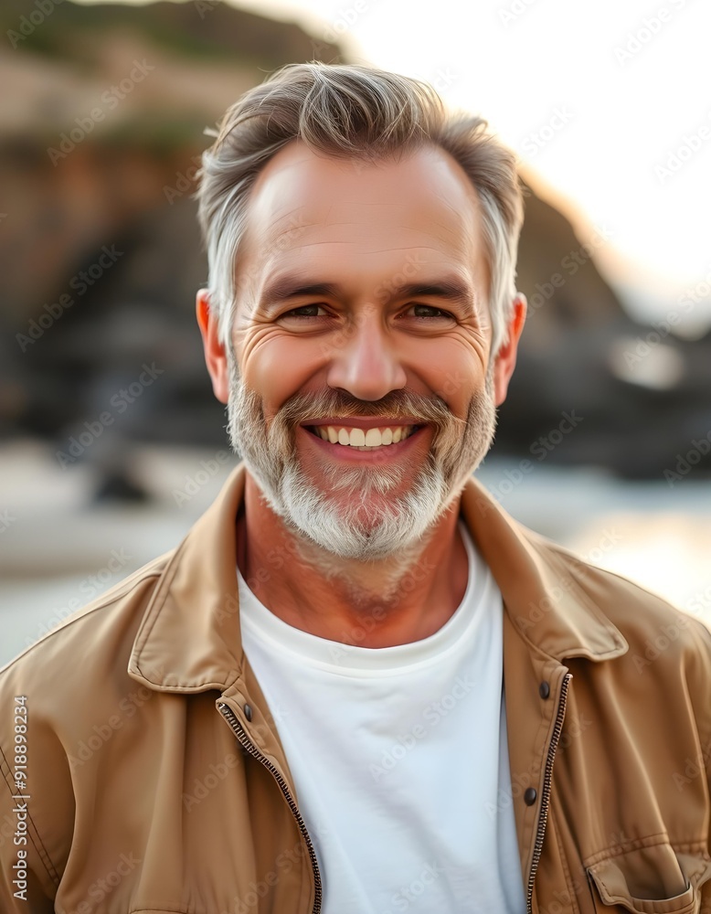 Confident Mature Man Smiling Outdoors in Casual Attire Confident Mature Man Smiling Outdoors in Casual Attire