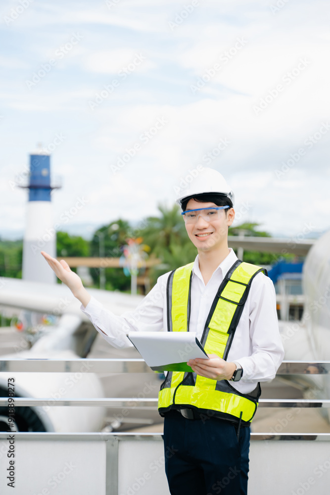 Male aviation engineer in safety gear inspecting an airplane engine, embodying professionalism Male aviation engineer in safety gear inspecting an airplane engine, embodying professionalism
