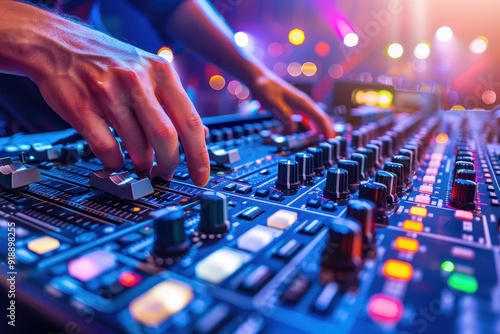 Sound engineer adjusting sliders at music festival using audio mixer in studio DJ adjusting volume with mixer on desk