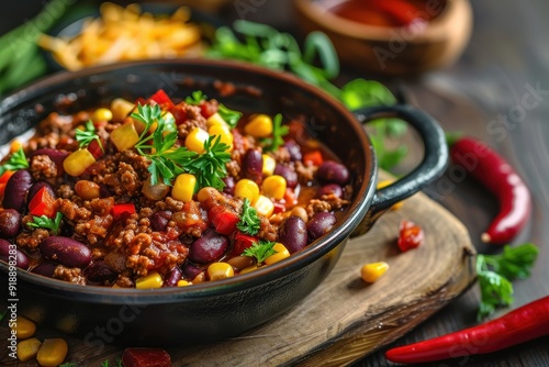 Spicy beef and bean stew in bowl on wood background Mexican and Texan flavors