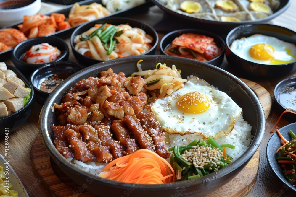 Spicy Korean dishes stir fried pork gimbap kimchi fried dumplings tteokbokki omurice karaage sirloin pork cutlet with pickled radish and sauce