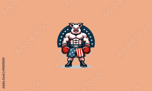 pig wearing boxing gloves and shorts emblazoned with the American flag vector mascot