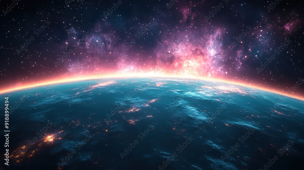 Blue planet with stars and a pink nebula, suitable for spacethemed designs, astronomy concepts, educational materials, and science fiction projects. Blue planet with stars and a pink nebula, suitable for spacethemed designs, astronomy concepts, educational materials, and science fiction projects.