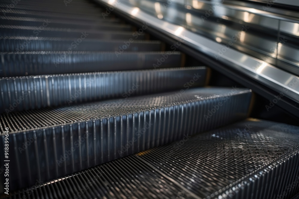 Fototapeta premium Steel grooved rail and anti slip pattern on staircase escalator