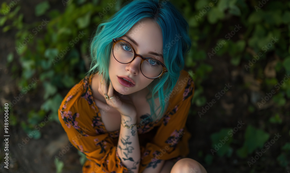A woman with blue background and glasses sitting on the ground+ A woman with blue background and glasses sitting on the ground+
