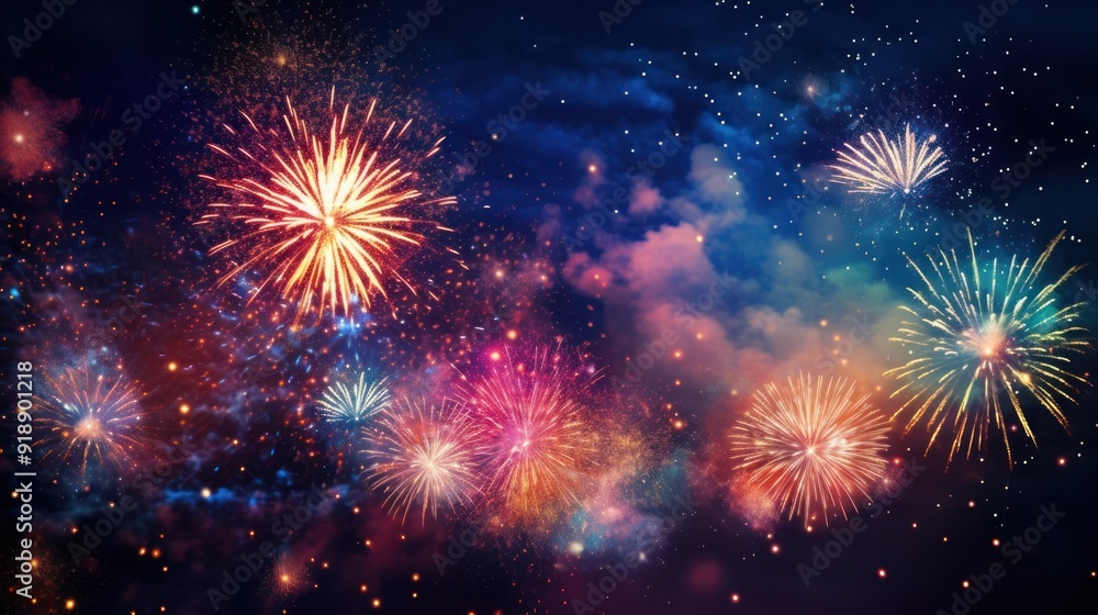 Vibrant fireworks illuminating the night sky with bursts of color Vibrant fireworks illuminating the night sky with bursts of color