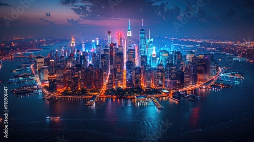 city building night time, aerial view, skyscrapers, street lights, lights on buildings