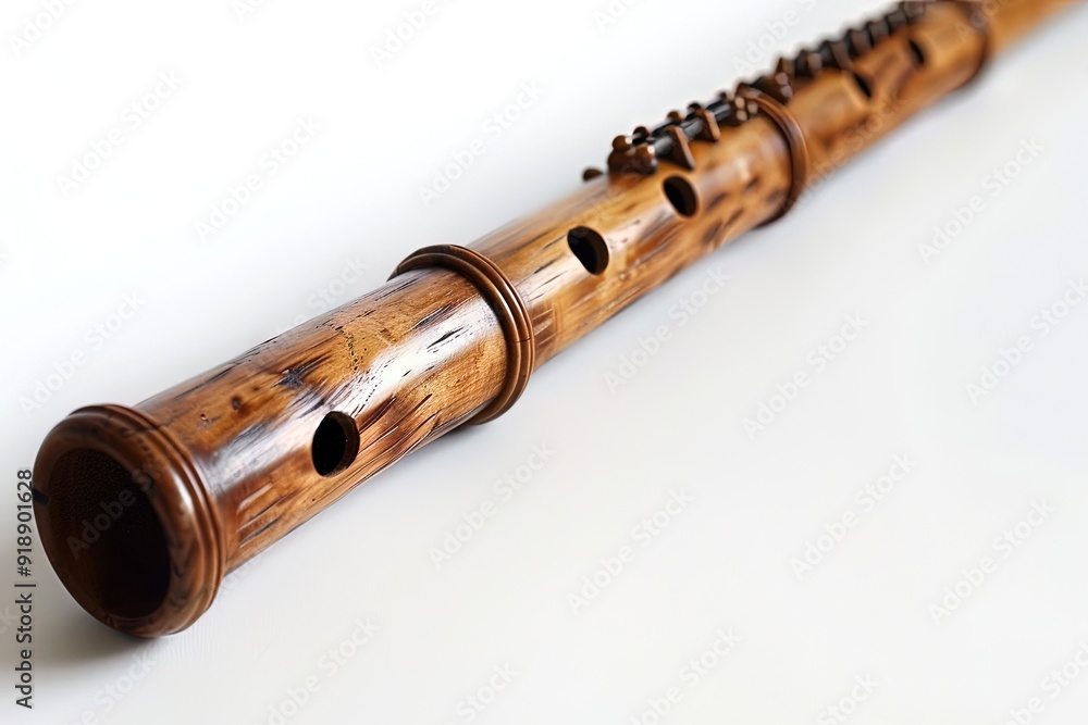 Naklejka premium Wooden Flute Isolated on a White Background, Featuring Its Elegant Form and Musical Quality