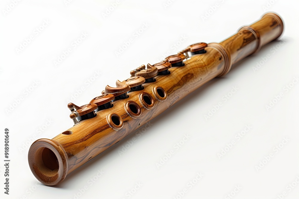 Fototapeta premium Wooden Flute Musical Instrument on a White Background, Showcasing Its Craftsmanship and Design
