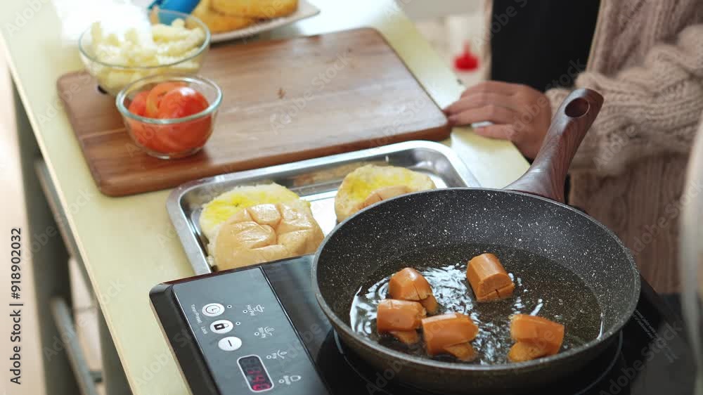 Young Woman Frying Sausages With Tongs On Hot Pan. Complementary Food For Cheese Burger