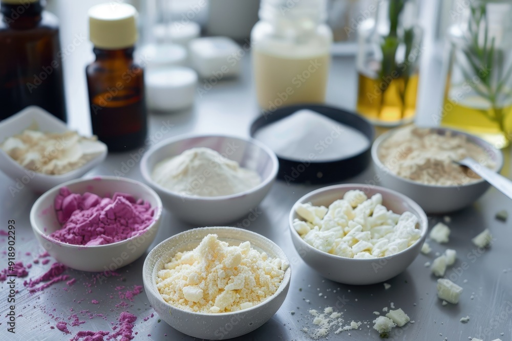 Table with shea butter oil color powder beeswax and coconut oil for homemade lip balm Lipstick mixture indoors Table with shea butter oil color powder beeswax and coconut oil for homemade lip balm Lipstick mixture indoors