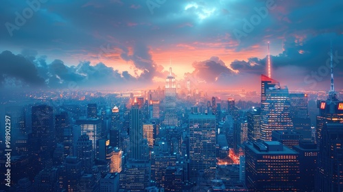 city building night time, aerial view, skyscrapers, street lights, lights on buildings
