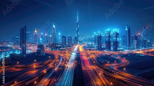 city building night time, aerial view, skyscrapers, street lights, lights on buildings