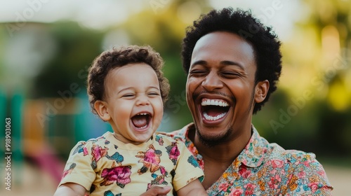 happy father and son laughing together outdoors in a park - joyful family bonding moment.