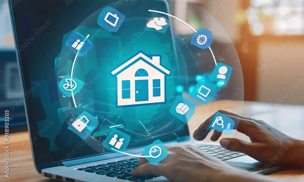 A home icon gleams and hovers above the laptop screen as a man's hand types, illustrating the process of finding a new home via an online rental housing marketplace A home icon gleams and hovers above the laptop screen as a man's hand types, illustrating the process of finding a new home via an online rental housing marketplace