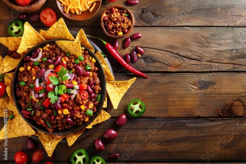Top view of homemade Mexican chili con carne with cheese nachos red beans and ground beef on a wooden table