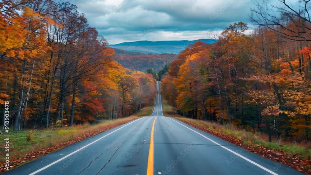 A road with trees on both sides and a yellow line A road with trees on both sides and a yellow line