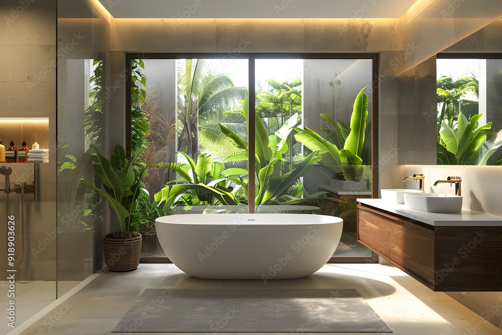 Fototapeta premium Modern bathroom interior with freestanding bathtub, double sinks, and a view of lush tropical greenery.