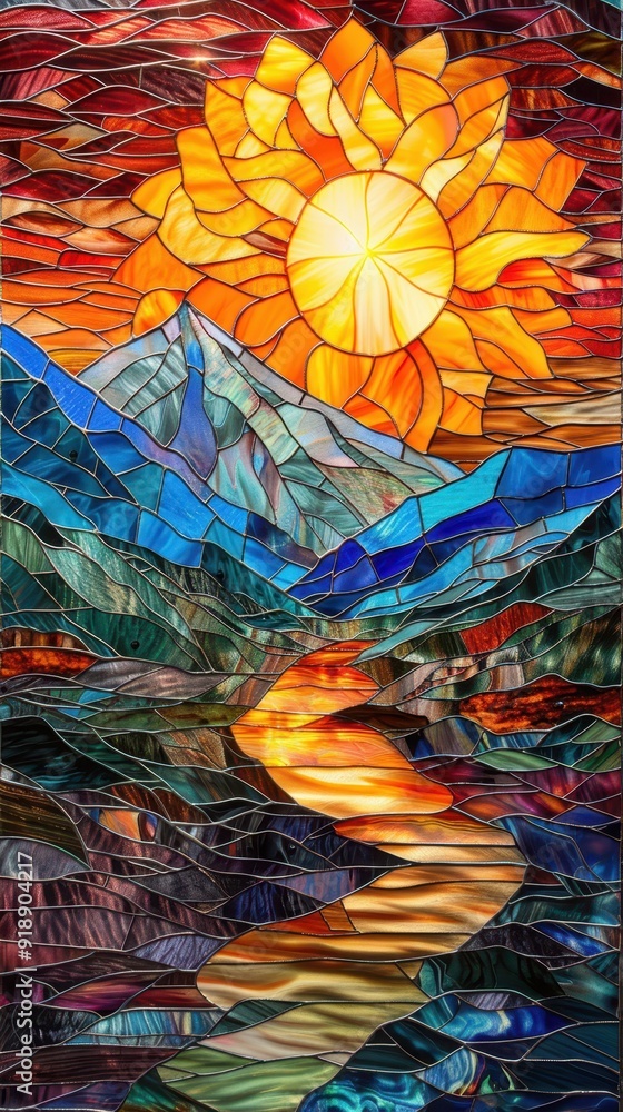 Obraz premium A radiant sun shines over mountains while a river flows through a colorful valley at sunset