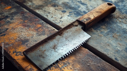 Rustic Hand Saw on Wooden Plank