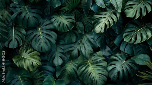 decorative tropical leaves hanging from top to bottom in a photo mural on the wall or home interior