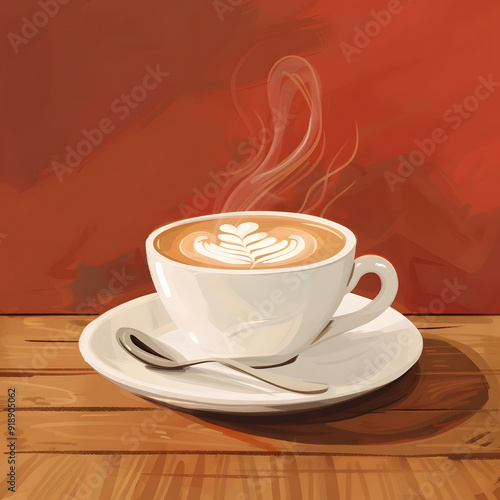 Steaming Cappuccino in White Cup with Latte Art on Wooden Table in Cozy Cafe with Artistic Red Background for Autumn or Winter Season