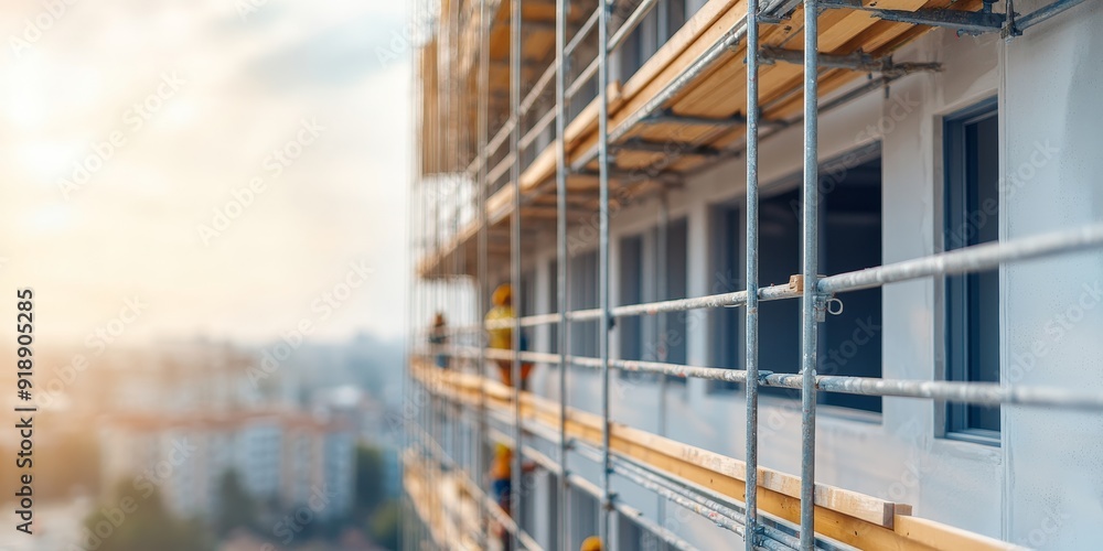 Fototapeta premium construction site with scaffolding on modern building facade - urban development and renewal in the cityscape.