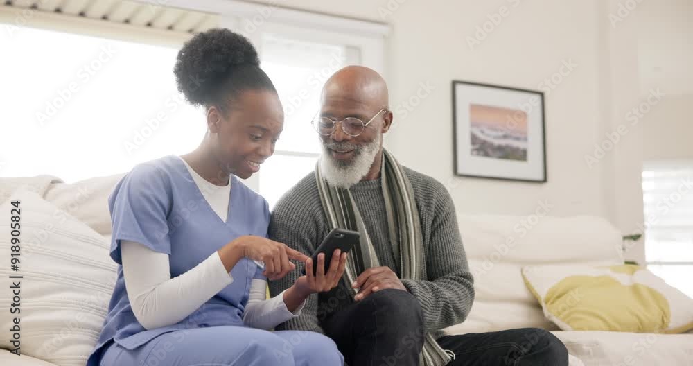 News, phone or mature man on social media with nurse on web for a telehealth notification in nursing home. Smile, search or happy African senior person with caregiver on mobile app reading online News, phone or mature man on social media with nurse on web for a telehealth notification in nursing home. Smile, search or happy African senior person with caregiver on mobile app reading online