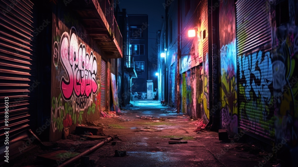 Urban Night Alleyway with Graffiti Art Urban Night Alleyway with Graffiti Art