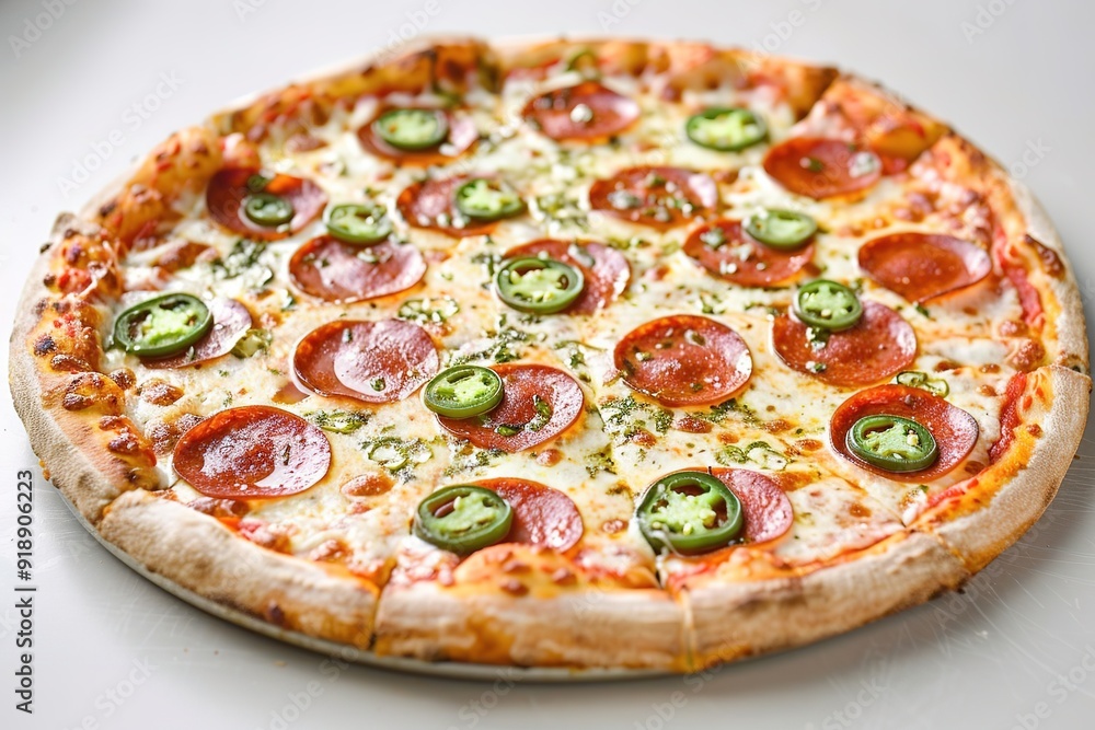 Fresh pepperoni pizza with jalapenos and cheese Fresh pepperoni pizza with jalapenos and cheese