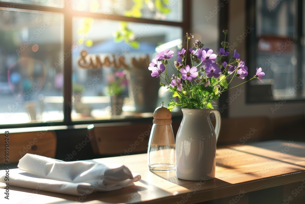White vase with purple flowers on wooden table in sunny cafe White vase with purple flowers on wooden table in sunny cafe