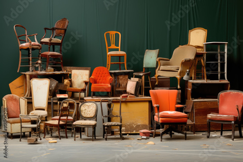 generated illustration of used vintage sofa in a warehouse for sell