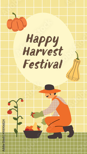 Happy Harvest Festival. Farmer picks vegetables. Chequered Background. Stories Template for Social Media. Autumn Season Design.