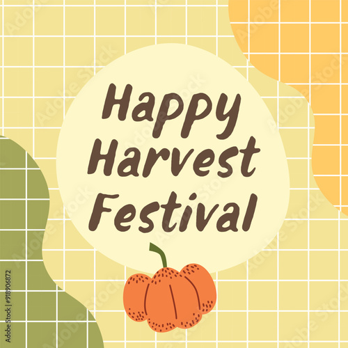 Happy Harvest Festival. Pumpkin on Chequered Background. Square Template for Social Media. Autumn Season Design.