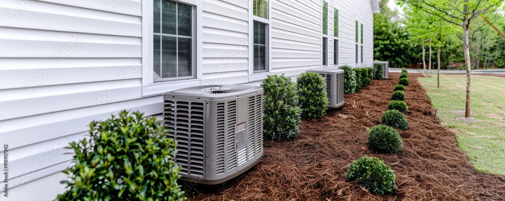 Modern air conditioning units installed outside a residential home ...