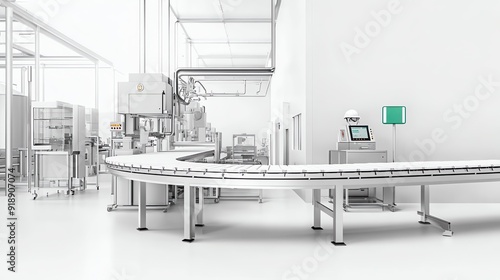 A minimalist factory in soft white tones with a white conveyor belt, a silver machine, a black control panel, a gray safety helmet, and a green safety sign, featuring a clean and orderly environment