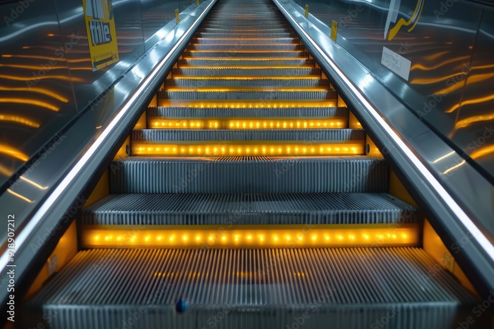 Yellow steel escalator in metro moving up close up Yellow steel escalator in metro moving up close up