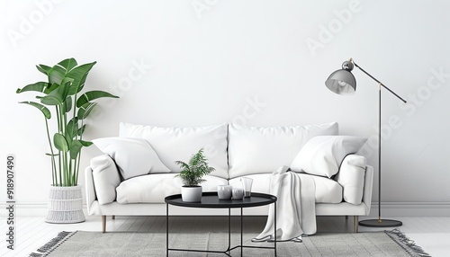 A minimalist living room in soft white tones with a white sofa, a black coffee table, a gray rug, a silver lamp, and a green plant, featuring a clean and serene environment photo