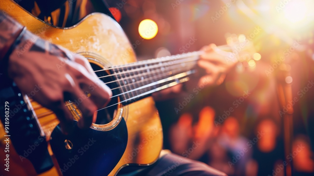 Fototapeta premium Close-up of a musician playing acoustic guitar during an energetic live performance, capturing the essence of music and passion.