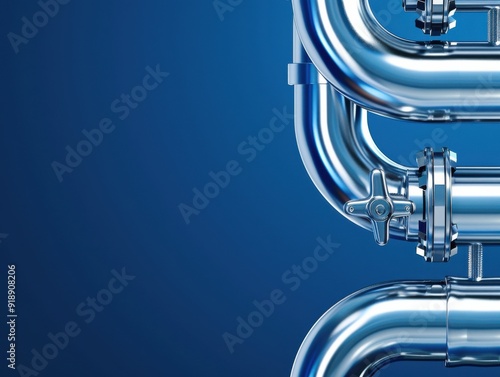 Close-up of shiny metal pipe with valve against a blue background, showcasing industrial design and modern engineering.