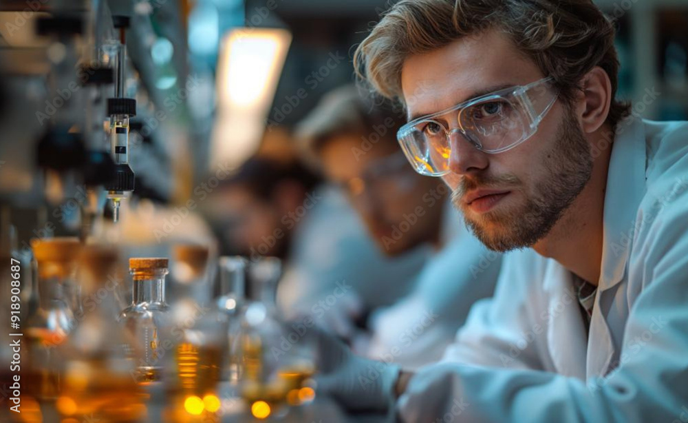 A man in protective glasses in a laboratory with test tubes, created with Generative AI technology. A man in protective glasses in a laboratory with test tubes, created with Generative AI technology.