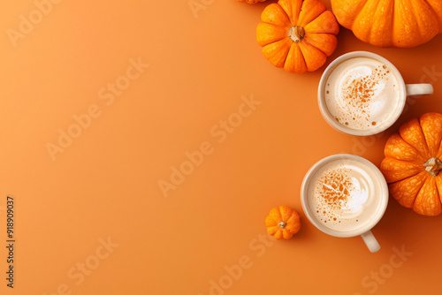 Top view of pumpkins and pumpkin spice lattes on orange background with copy space