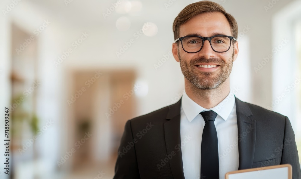 Fototapeta premium confident businessman smiling in suit with glasses holding a folder in office corridor