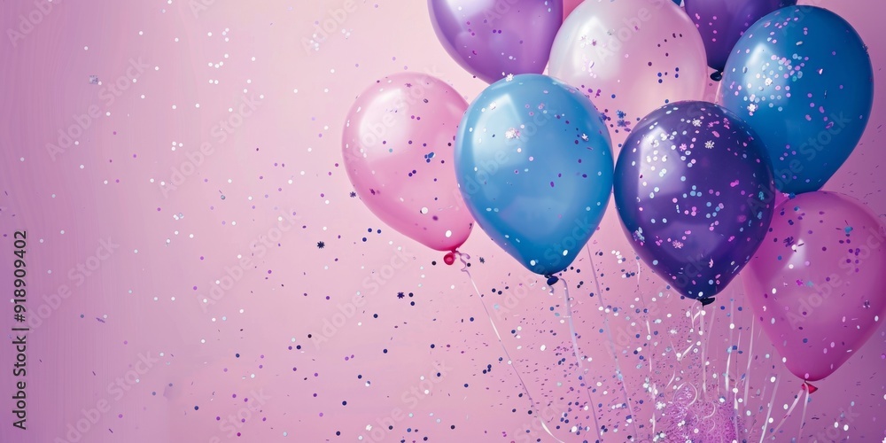 Purple background, pink, purple and blue balloons, confetti, copy space for text Purple background, pink, purple and blue balloons, confetti, copy space for text