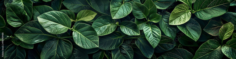 Fototapeta premium Close up view of a dense cluster of vibrant green leaves, showcasing their lush and vibrant green colors in detail. 