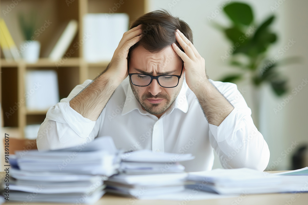 A stressed businessman holding his head in despair, sitting at a desk with a cluttered pile of documents, illustrating work-related stress and anxiety. A stressed businessman holding his head in despair, sitting at a desk with a cluttered pile of documents, illustrating work-related stress and anxiety.