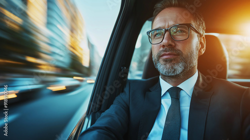 A mature man in a suit sitting in a car, looking pensive as he travels through a city, suggesting contemplation and business focus.