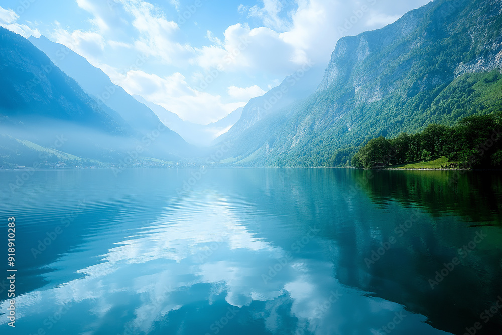A breathtaking view of a serene mountain lake surrounded by towering cliffs, with mist rising, symbolizing tranquility, nature's beauty, and solitude. The image includes copy space. A breathtaking view of a serene mountain lake surrounded by towering cliffs, with mist rising, symbolizing tranquility, nature's beauty, and solitude. The image includes copy space.