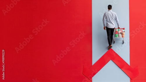 A shopper with a cart walks towards a vibrant red wall, embodying consumerism and modern retail experience.