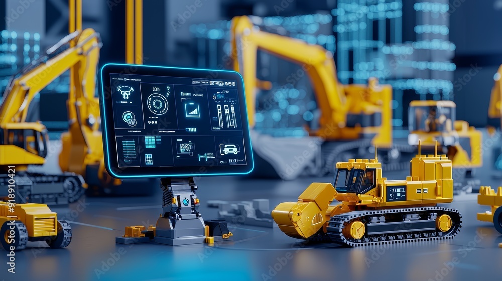 Fototapeta premium Digital Control Panel and Miniature Excavators: A Glimpse into Future Construction Automation